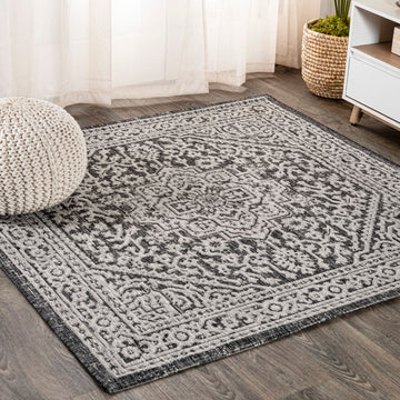 Sinjuri Medallion Textured Weave Indoor/outdoor Square Rug